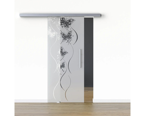 Pertura Glasschiebetür Komplettset Glera Butterfly 02 775x2050 mm Links inkl.Beschlag Selir Aluminium Edelstahloptik,Stangengriff Schiebetür aus Glas mit Schmetterlingsmuster