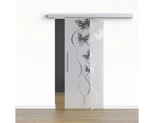 Pertura Glasschiebetür Komplettset Glera Butterfly 02 775x2175 mm Rechts inkl.Beschlag Selir Aluminium natur,Stangengriff