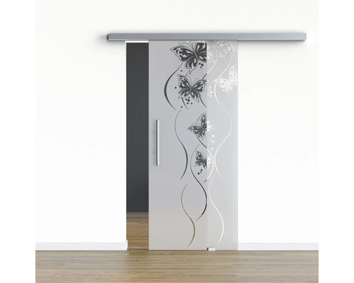 Pertura Glasschiebetür Komplettset Glera Butterfly 02 775x2175 mm Rechts inkl.Beschlag Selir Aluminium Edelstahloptik,Stangengriff Schiebetür aus Glas mit Schmetterlingsmotiv