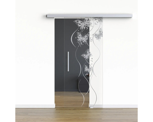 Pertura Glasschiebetür Komplettset Glera Butterfly 01 900x2175 mm Rechts inkl. Beschlag Selir Aluminium natur,Stangengriff Glasschiebetür mit Schmetterlingsmotiv