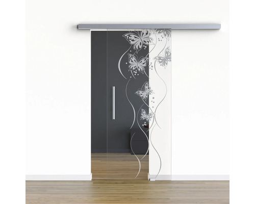 Pertura Glasschiebetür Komplettset Glera Butterfly 01 775x2175 mm Rechts inkl.Beschlag Selir Aluminium Edelstahloptik,Stangengriff Glasschiebetür mit Schmetterlingsdesign für den Innenbereich