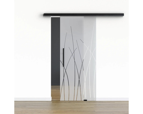 Pertura Glasschiebetür Komplettset Glera Reeds 02 775x2175 mm Rechts inkl.Beschlag Selir Aluminium schwarz,Stangengriff Schiebetür aus Glas mit Pflanzenmuster