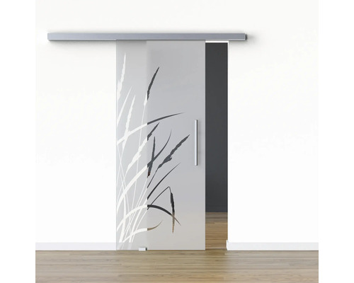 Pertura Glasschiebetür Komplettset Glera Blade 02 900x2050 mm Links inkl.Beschlag Selir Aluminium Edelstahloptik,Stangengriff Schiebetür aus Glas mit Haltegriff und Gräser Dekor