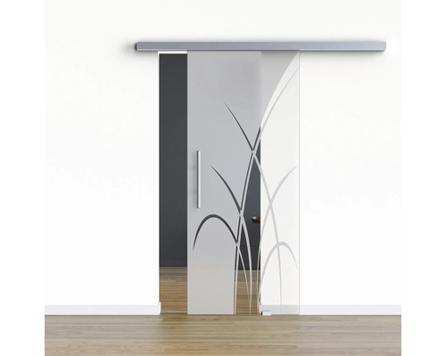 Pertura Glasschiebetür Komplettset Glera Green 02 775x2050 mm Rechts inkl.Beschlag Selir Aluminium Edelstahloptik,Stangengriff Glasschiebetür mit Pflanzenmuster