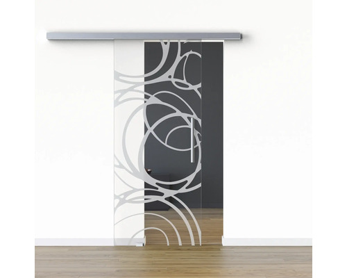 Pertura Glasschiebetür Komplettset Glera Mystic 01 1025x2050 mm Links inkl. Beschlag Selir Aluminium Edelstahloptik,Stangengriff Glasschiebetür mit Muster vor einer Wand