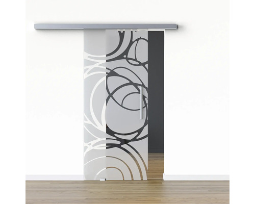 Pertura Glasschiebetür Komplettset Glera Mystic 02 775x2050 mm Links inkl.Beschlag Selir Aluminium Edelstahloptik,Stangengriff Schiebetür aus Glas mit abstraktem Muster und Griff