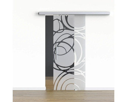 Pertura Glasschiebetür Komplettset Glera Mystic 02 775x2175 mm Rechts inkl.Beschlag Selir Aluminium natur,Stangengriff Schiebetür aus Glas mit Muster und Schiebetürsystem vor einer Wand