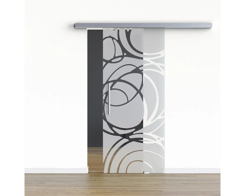 Pertura Glasschiebetür Komplettset Glera Mystic 02 1025x2050 mm Rechts inkl. Beschlag Selir Aluminium Edelstahloptik,Stangengriff Schiebetür aus Glas mit Muster vor einer Wand