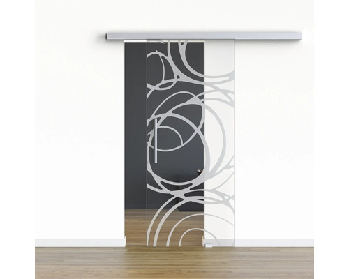 Pertura Glasschiebetür Komplettset Glera Mystic 01 775x2175 mm Rechts inkl.Beschlag Selir Aluminium natur,Stangengriff Glasschiebetür mit Muster vor einer Wand