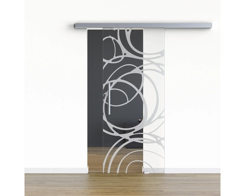 Pertura Glasschiebetür Komplettset Glera Mystic 01 1025x2050 mm Rechts inkl. Beschlag Selir Aluminium Edelstahloptik,Stangengriff Schiebetür aus Glas mit Muster im Innenraum