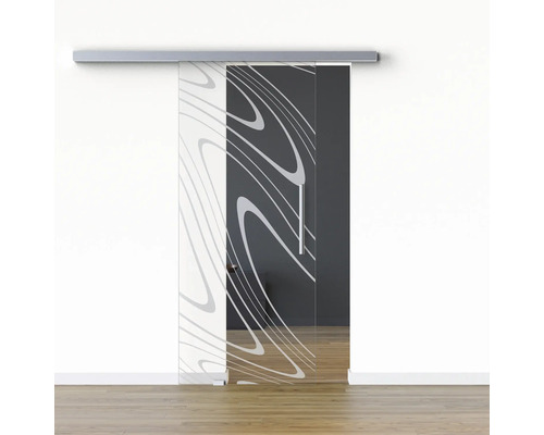 Pertura Glasschiebetür Komplettset Glera Water 01 1025x2050 mm Links inkl. Beschlag Selir Aluminium Edelstahloptik,Stangengriff Glasschiebetür mit Muster und Griff