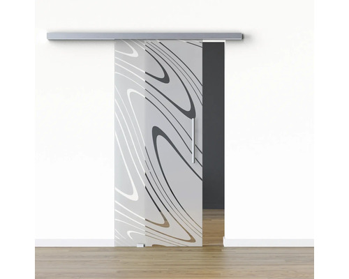 Pertura Glasschiebetür Komplettset Glera Water 02 1025x2050 mm Links inkl. Beschlag Selir Aluminium Edelstahloptik,Stangengriff Schiebetür aus Glas mit Muster und Griff