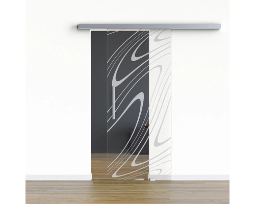 Pertura Glasschiebetür Komplettset Glera Water 01 1025x2050 mm Rechts inkl. Beschlag Selir Aluminium Edelstahloptik,Stangengriff Glasschiebetür mit Muster vor einer Wand