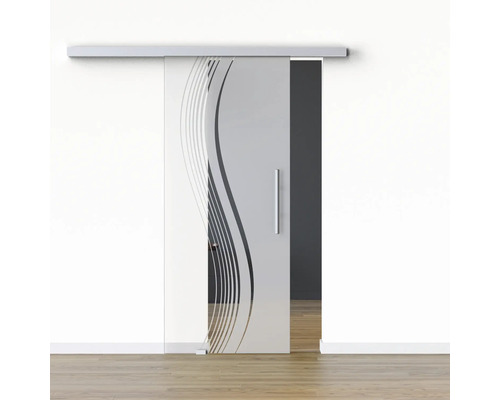 Pertura Glasschiebetür Komplettset Glera Reflect 02 900x2050 mm Links inkl.Beschlag Selir Aluminium natur,Stangengriff Glasschiebetür mit Wellenmuster und Griff