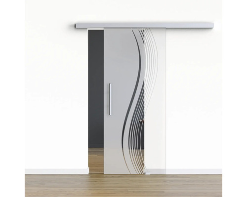 Pertura Glasschiebetür Komplettset Glera Reflect 02 775x2050 mm Rechts inkl.Beschlag Selir Aluminium natur,Stangengriff Schiebetür aus Glas mit linearem Dekor