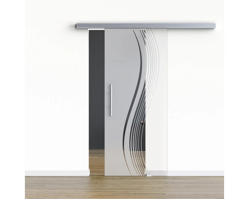 Pertura Glasschiebetür Komplettset Glera Reflect 02 1025x2050 mm Rechts inkl. Beschlag Selir Aluminium Edelstahloptik,Stangengriff Glastür mit Schiebetürsystem und Muster