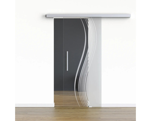 Pertura Glasschiebetür Komplettset Glera Reflect 01 1025x2175 mm Rechts inkl. Beschlag Selir Aluminium natur,Stangengriff Glasschiebetür mit Wellenmuster
