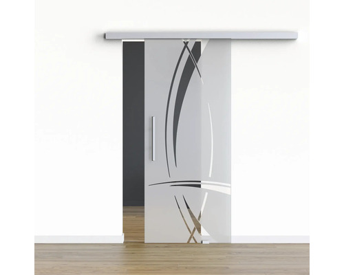 Pertura Glasschiebetür Komplettset Glera Tangle 02 775x2175 mm Rechts inkl.Beschlag Selir Aluminium natur,Stangengriff Glasschiebetür mit Motiv und Griff