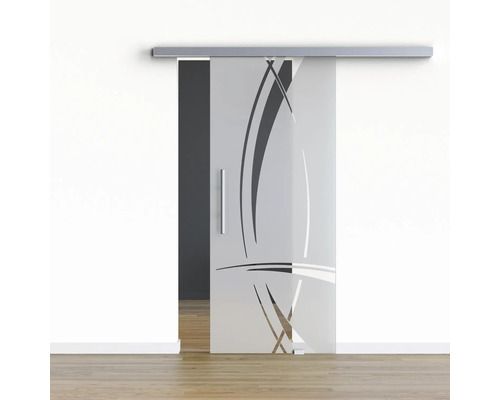 Pertura Glasschiebetür Komplettset Glera Tangle 02 775x2050 mm Rechts inkl.Beschlag Selir Aluminium Edelstahloptik,Stangengriff Schiebetür aus Glas mit abstraktem Dekor und Griff