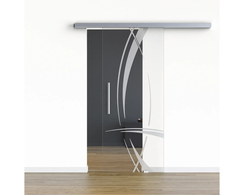 Pertura Glasschiebetür Komplettset Glera Tangle 01 1025x2050 mm Rechts inkl. Beschlag Selir Aluminium Edelstahloptik,Stangengriff Glasschiebetür mit abstraktem Design und Griff