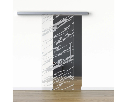 Pertura Glasschiebetür Komplettset Glera Vision 01 1025x2050 mm Links inkl. Beschlag Selir Aluminium Edelstahloptik,Stangengriff Glasschiebetür mit Muster vor einer Wand