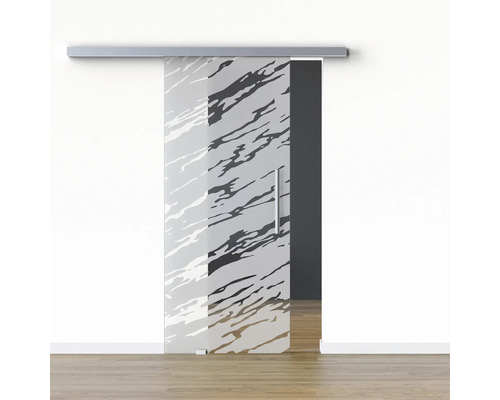 Pertura Glasschiebetür Komplettset Glera Vision 02 775x2050 mm Links inkl.Beschlag Selir Aluminium Edelstahloptik,Stangengriff Schiebetür aus Glas mit abstrakten Mustern und Metallgriff vor einer weißen Wand