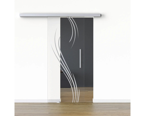 Pertura Glasschiebetür Komplettset Glera Essence 01 1025x2050 mm Links inkl. Beschlag Selir Aluminium natur,Stangengriff Glastür mit linearem Dekor und Griff