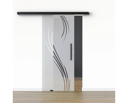 Pertura Glasschiebetür Komplettset Glera Essence 02 1025x2050 mm Links inkl. Beschlag Selir Aluminium schwarz,Stangengriff Schiebetür aus Glas mit linearem Dekor und Griff