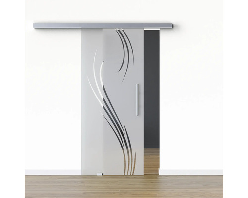 Pertura Glasschiebetür Komplettset Glera Essence 02 775x2050 mm Links inkl.Beschlag Selir Aluminium Edelstahloptik,Stangengriff Schiebetür aus Glas mit Muster vor einer Wand
