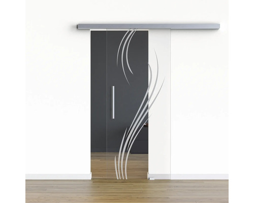 Pertura Glasschiebetür Komplettset Glera Essence 01 900x2050 mm Rechts inkl. Beschlag Selir Aluminium Edelstahloptik,Stangengriff Glasschiebetür mit Streifenmuster vor grauer Wand
