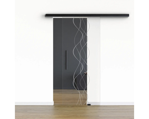Pertura Glasschiebetür Komplettset Glera Curl 01 775x2175 mm Rechts inkl.Beschlag Selir Aluminium schwarz,Stangengriff Schiebetür aus Glas mit wellenförmigem Dekor und Griff
