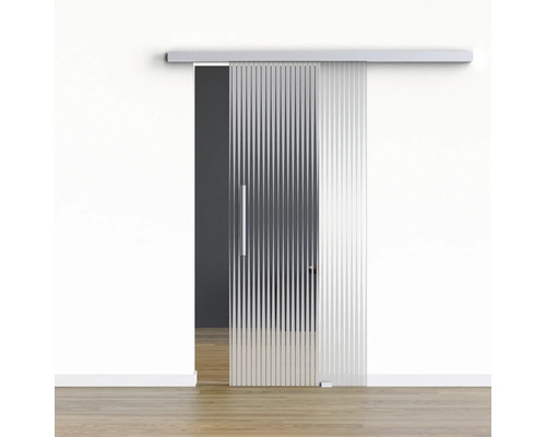 Pertura Glasschiebetür Komplettset Glera Ripple 02 1025x2050 mm Rechts inkl. Beschlag Selir Aluminium natur,Stangengriff Glasschiebetür mit Griff und Rillenstruktur vor einer Wand