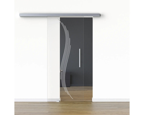 Pertura Glasschiebetür Komplettset Glera Sweep 01 1025x2050 mm Links inkl. Beschlag Selir Aluminium Edelstahloptik,Stangengriff Glasschiebetür mit Griff und Designelement
