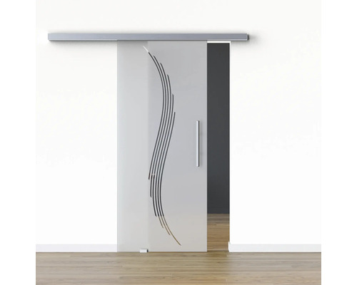 Pertura Glasschiebetür Komplettset Glera Sweep 02 1025x2050 mm Links inkl. Beschlag Selir Aluminium Edelstahloptik,Stangengriff Schiebetür aus Glas mit Streifenmuster und Griff.