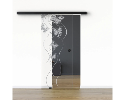 Pertura Glasschiebetür Komplettset Glera Butterfly 01 900x2050 mm Links inkl. Beschlag Selir Aluminium schwarz,Griffmuschel