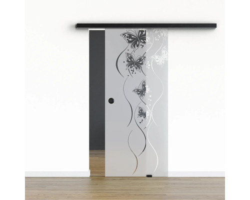 Pertura Glasschiebetür Komplettset Glera Butterfly 02 1025x2050 mm Rechts inkl. Beschlag Selir Aluminium schwarz,Griffmuschel Glasschiebetür mit Schmetterlingsmuster vor einer Wand