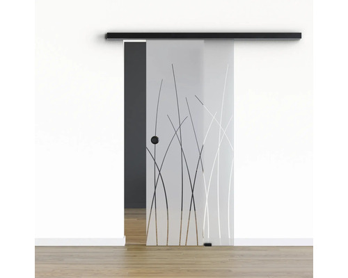 Pertura Glasschiebetür Komplettset Glera Reeds 02 900x2175 mm Rechts inkl. Beschlag Selir Aluminium schwarz,Griffmuschel Schiebetür aus Glas mit Gräser-Motiv und schwarzer Schiene