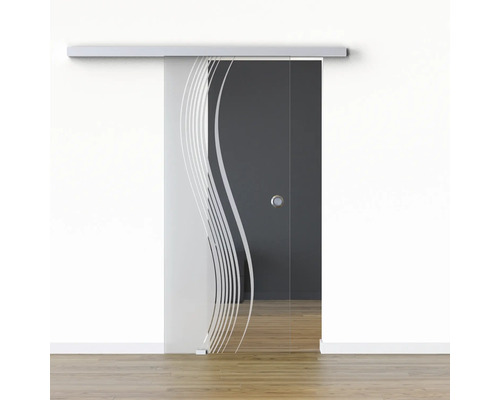 Pertura Glasschiebetür Komplettset Glera Reflect 01 900x2175mm Links inkl. Beschlag Selir Aluminium natur,Griffmuschel Glasschiebetür mit Wellendesign vor einer Wand