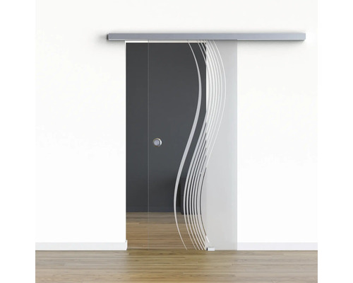 Pertura Glasschiebetür Komplettset Glera Reflect 01 900x2050 mm Rechts inkl. Beschlag Selir Aluminium Edelstahloptik,Griffmuschel Schiebetür aus Glas mit Streifenmuster