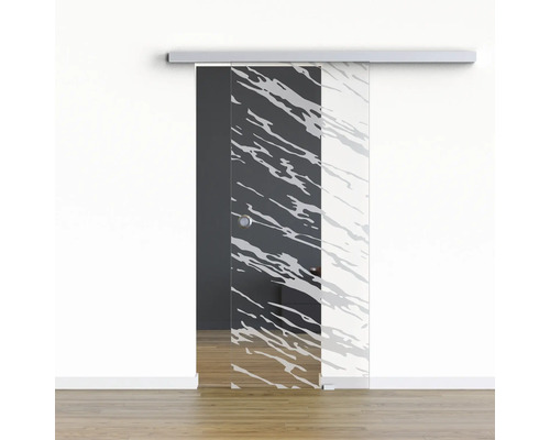 Pertura Glasschiebetür Komplettset Glera Vision 01 1025x2050 mm Rechts inkl. Beschlag Selir Aluminium natur,Griffmuschel Glasschiebetür mit Muster vor einer Wand