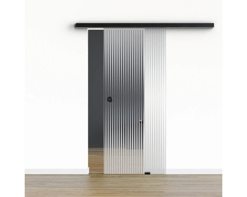 Pertura Glasschiebetür Komplettset Glera Ripple 02 900x2175 mm Rechts inkl. Beschlag Selir Aluminium schwarz,Griffmuschel Schiebetür mit vertikalen Streifen und Griff