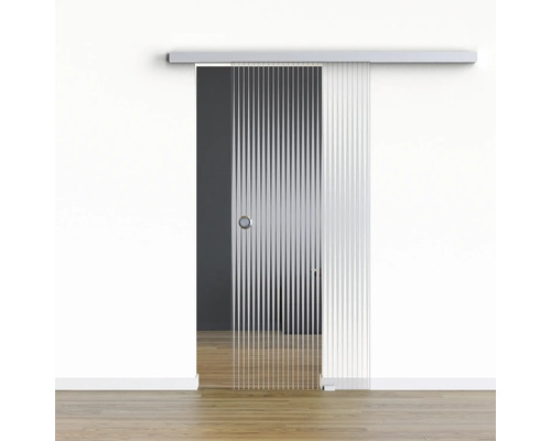Pertura Glasschiebetür Komplettset Glera Ripple 01 900x2050 mm Rechts inkl. Beschlag Selir Aluminium natur,Griffmuschel Glasschiebetür mit linearem Dekor vor einer weißen Wand