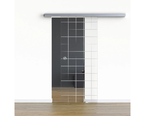 Pertura Glasschiebetür Komplettset Glera Mesh 01 900x2175 mm Rechts inkl. Beschlag Selir Aluminium Edelstahloptik,Griffmuschel Schiebetür aus Glas mit quadratischem Design