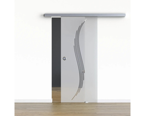 Pertura Glasschiebetür Komplettset Glera Sweep 02 900x2175 mm Rechts inkl. Beschlag Selir Aluminium Edelstahloptik,Griffmuschel Schiebetür aus Glas mit Streifenmuster und Metallschiene