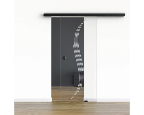Pertura Glasschiebetür Komplettset Glera Sweep 01 900x2175 mm Rechts inkl. Beschlag Selir Aluminium schwarz,Griffmuschel Glasschiebetür mit dekorativen Linien und Schiebetürsystem