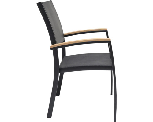 Gartenstuhl mit Armlehnen aus Holz und Sitzfläche aus Textil