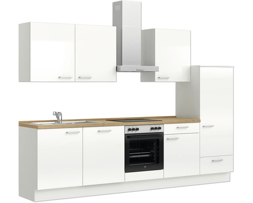 Moderne Küchenzeile mit Spüle, Kochfeld, Backofen, Dunstabzugshaube und Schränken