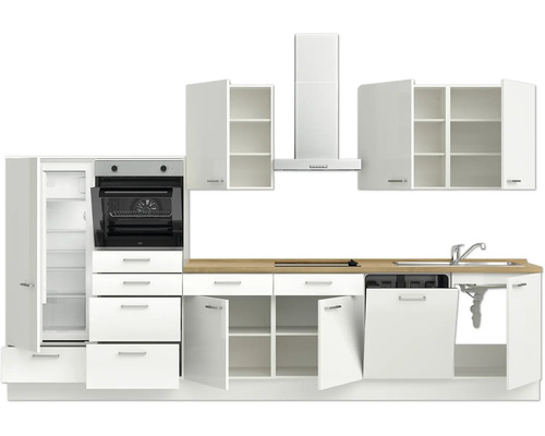 Küchenzeile mit Einbaukühlschrank, Backofen, Kochfeld, Dunstabzugshaube, Spüle und Geschirrspüler