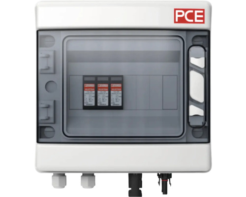 PCE Logo. Verteilerkasten mit Überspannungsableitern für Photovoltaikanlagen