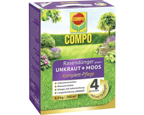 Rasendünger COMPO Rasendünger gegen Unkraut + Moos Komplett-Pflege 6 kg für 200 m²